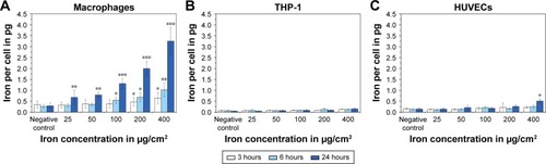 Figure 5 Uptake of SPIONDex30 by macrophages (A), THP-1 cells (B) and HUVECs (C).Notes: Asterisks mark the significance levels determined by one-way ANOVA (*p<0.05, **p<0.005, and ***p<0.001). Mean ± SD values of three experiments are shown.Abbreviations: SPIONDex, dextran-coated superparamagnetic iron oxide nanoparticles; HUVECs, human umbilical vein endothelial cells; ANOVA, analysis of variance; SD, standard deviation.