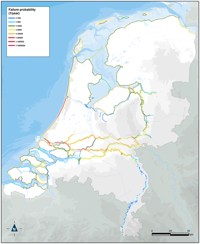 Figure 4. New safety standards for flood defences in the Netherlands, in the form of maximal acceptable failure probabilities (Ministerie van Infrastructuur en Milieu, Citation2016a). Source: Public information from the Dutch government (Rijkswaterstaat).