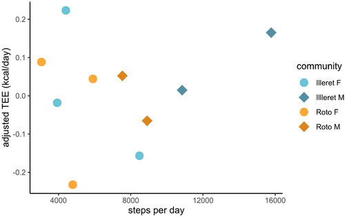 Figure 4. Daasanach TEE adjusted for FM and FFM as a function of mean steps per day. Adjusted TEE is not significantly correlated with mean steps per day.