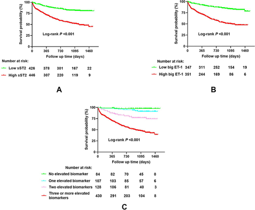 Figure 4 Rates of free from all-cause death, heart transplantation, or LVAD in different groups. (A) Kaplan–Meier curves of all-cause death, heart transplantation, or LVAD between low sST2 group and high sST2 group. (B) Kaplan–Meier curves of all-cause death, heart transplantation, or LVAD between low big ET-1 group and high big ET-1 group. (C) Kaplan–Meier curves of all-cause death, heart transplantation, or LVAD in patients with no elevated biomarker, patients with one elevated biomarker, patients with two elevated biomarkers, and patients with three or more elevated biomarkers.