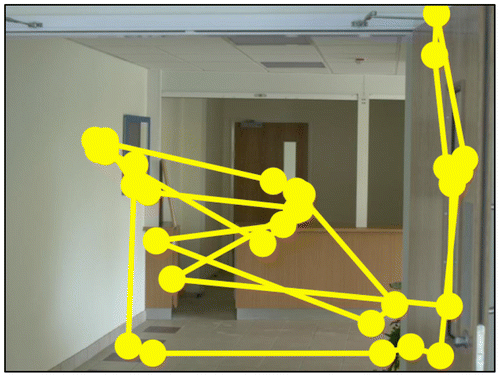 Fig. 2b. Eye-movement behaviour of an individual viewing a photograph of the interior of an office building. Dots indicate locations at which the eyes paused for periods of fixations, lines indicate the eye movements that brought the eye to each location. Viewing is highly selective. Figure adapted from B. W. Tatler, M. Hayhoe, M. Land and D. H. Ballard, ‘Eye guidance in natural vision: reinterpreting salience’, Journal of Vision, xi, no. 5 (2011), pp. 1–23.