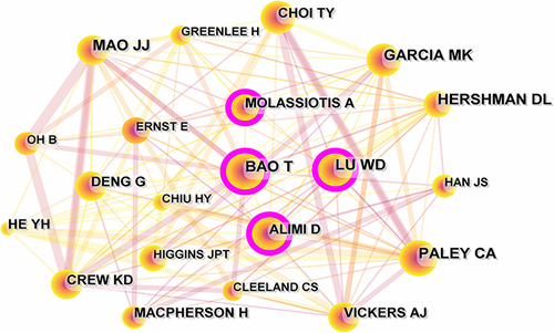 Figure 6 Map of cited authors in studies on acupuncture therapy for cancer pain.