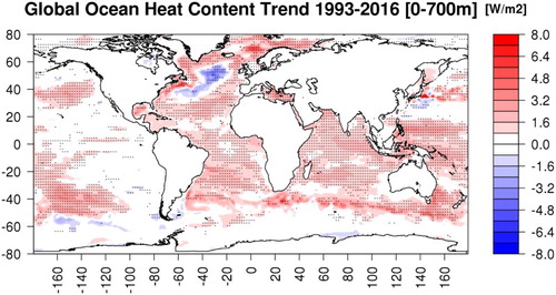 Figure 2.1.3. Regional trends over the period 1993–2016 of ocean heat content (0–700 m) anomalies relative to the 1993–2014 reference period based on the multi-product approach (product no. 2.1.1 (4 global reanalyses), 2.1.2–2.1.3 (observations)). Black dots indicate areas where the signal (ensemble mean of reanalysis trend) exceeds noise (ensemble standard deviation of reanalysis trends), indicating areas of most robust signatures from the multi-product approach.
