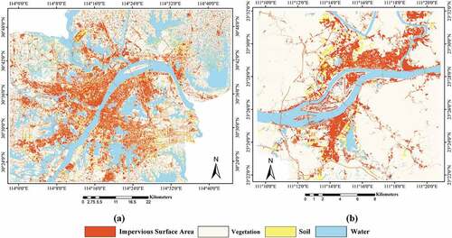 Figure 3. The impervious surface classification in Wuhan (a) and Wuzhou (b).