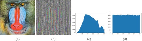 Figure 4. Modified Caesar Cipher encryption on Baboon and Lena image, (a) Original Baboon image, (b) Encrypted Baboon image, (c) Original Baboon image histogram, (d) Encrypted Baboon image histogram.