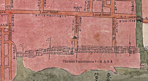 Figure 6. Map of Thirteen Factories and the adjacent streets, 1822. Source: The British Library. Edited by author.