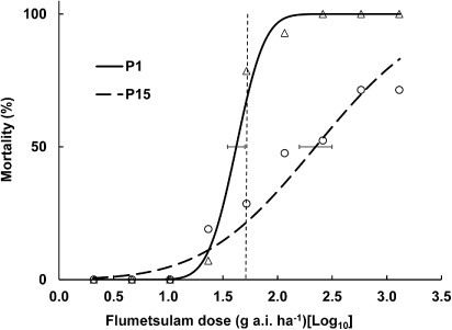 Figure 1 Percentage mortality 127 days after treatment with nine rates of flumetsulam for two populations of R. acris (P1 = ∆ and P15 = O) in Experiment 2, with fitted probit curves. Horizontal bars are the 95% confidence intervals for the LD50 values and the vertical dashed line is the recommended field application rate.