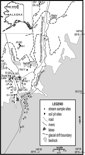 Figure 1 Map of study area with locations of soil (triangle) and stream (square) sampling sites. Glacial deposit and bedrock boundaries after CitationHamilton (1978, Citation2003), CitationMull and Adams (1985), and CitationBrown and Krieg (1983).