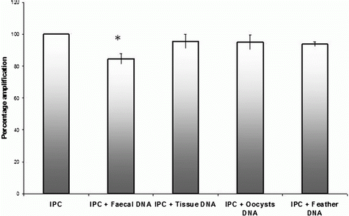 Figure 2.  PCR inhibition of IPC amplification in the presence of extraneous DNA obtained from various sources. The percentage change in IPC Ct value induced by the addition of DNA from various sources compared with the unsupplemented IPC (i.e. in the absence of extraneous DNA, taken as 100%) is depicted. *Group significantly different from the control unsupplemented IPC (P < 0.05).