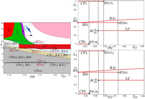 Figure 3. (a) Bifurcation structure of the (TEX,L) parameter plane of map Z at TU=0.325; (b, c) corresponding one-dimensional bifurcation diagrams of λ1 and λ2 versus TEX plotted for L=20 and 0.325<TEX<0.46 (see the arrow indicated in (a) in correspondence of that value of L) presenting only the stable fixed points. All the other parameters are fixed as in (17).
