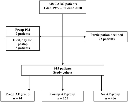 Figure 1. Study design. AF: atrial fibrillation; CABG: coronary artery bypass graft; PM: pacemaker.