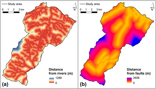 Figure 3. Landslide conditioning factors: (a) distance from rivers and (b) distance from faults. Source: Basic map of the Slovak Republic 1:10,000, Rights holder: Geodetic and Cartographic Institute, Bratislava