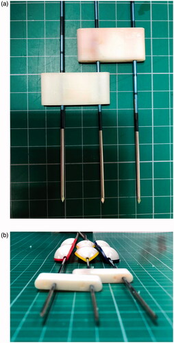 Figure 1. (a, b) Three electrodes with 4-cm tips were arranged in a linear manner using a linear adaptor.