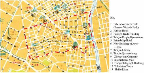 Figure 4. The city map of Tianjin in 1984. It shows the significant buildings of Tianjin at that time, most of them were built during the 1980s. (Source: drawn by author based on 1984 nian Tianjin Jiaotong Lvyoutu [Tianjin Traffic and Travel Map in 1984] (Tianjin: Tianjin people press, 1984).).