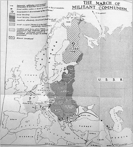 Figure 5. ‘The March of Militant Communism’ which appeared alongside a similar map titled ‘The March of Nazism 1933–39’ in MIR for March 1948.
