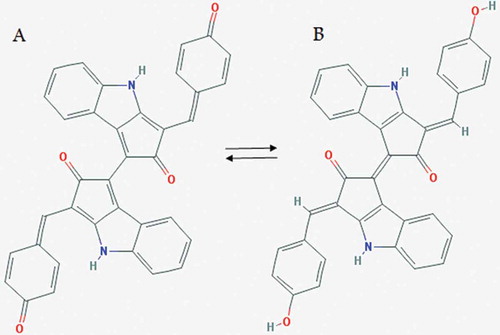 Fig. 4. Chemical structure of oxidized (A) and reduced (B) scytonemin.