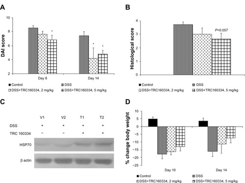 Figure 4 Treatment with TRC160334 resulted in improvement in end points of dextran sulfate sodium-induced colitis in female BALB/c mice.