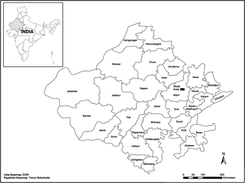 Figure 1 Rajasthan district borders and the study area.