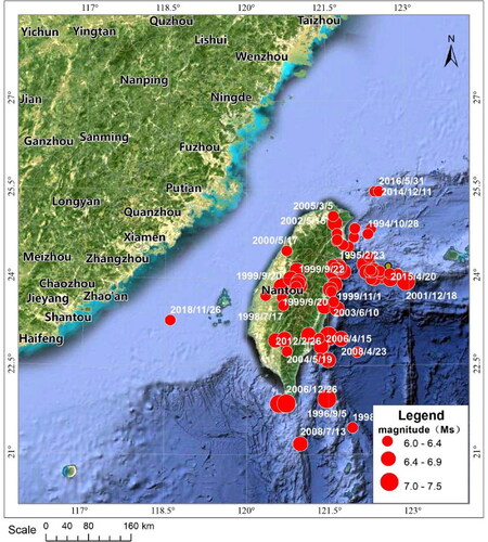 Figure 1. Epicentre distribution of strong earthquakes with Ms ≥ 6.0 in Taiwan since 1990.