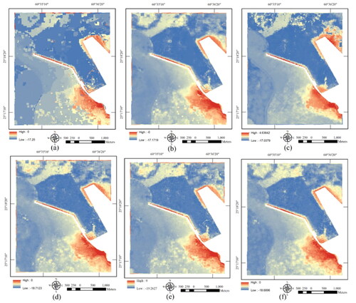 Figure 7. The results water depth mapping for Beheshti port, (a) DT, (b) RF, (c) DNN, (d) XGBOOST, (e) LightGBM, and (f) CatBoost.