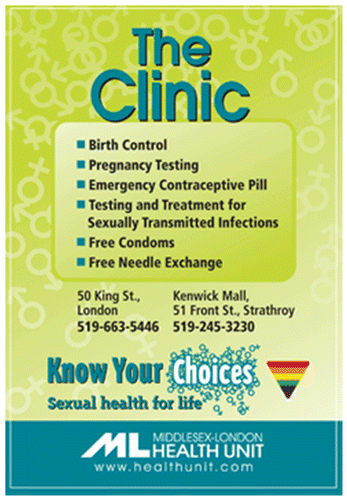 Figure 2. “The Clinic” poster by Middlesex-London Health Unit. This campaign is a simple poster design that lists out the different birth control services that are available at the local public health unit.