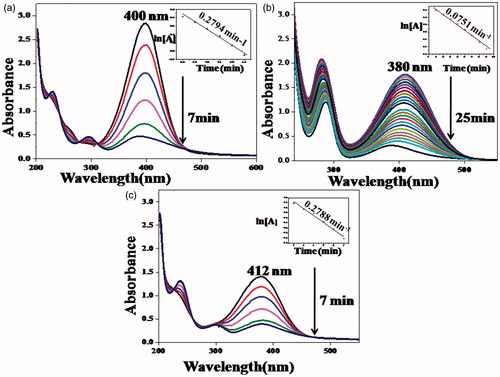 Figure 4. Time-based UV-vis spectral images for the reduction of (a) 4-nitrophenol (b) 2-nitroaniline and (c) 4-nitro anilines by NaBH4 catalyzed by AgNP-E. scaber (0.02 mg/mL). ln [a] against time plots are shown in the inset.
