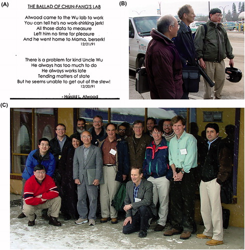 Figure 11. (A) A limerick that Harold Atwood wrote toward the end of his sabbatical in Chun-Fang Wu’s lab. (B) Chun-Fang Wu, Harold Atwood, and Fred Tse at Harold Atwood’s retirement symposium at a ski resort. (C) Group photo from Harold Atwood’s retirement symposium at a ski resort.