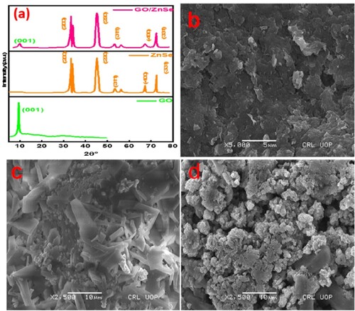 Figure 1. (a) XRD images of GO, ZnSe and ZnSe/GO and (b–d) SEM images of GO, ZnSe and ZnSe/GO nanocomposite.