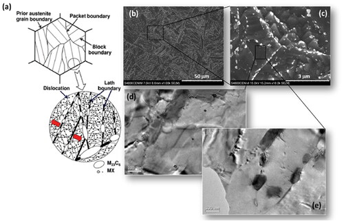 Figure 3. (a) Representation of the resulting hierarchy microstructure in the G91 steel achieved by the AR process shown in Figure 1; (b) and (c) SEM micrographs showing coarse, white M23C6 precipitates are located at lath, block and prior austenite grain boundaries; (d) and (e) TEM micrographs showing the presence of MX nanoprecipitates within the laths and coarse M23C6 at a lath grain boundary.