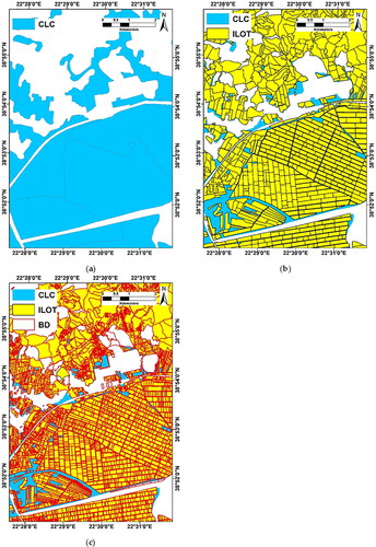 Figure 9. Sequential integration of hybrid LULC layers towards the final object-oriented map of the Sperchios River basin – area adjacent to the new riverbed (old spillway) near the river Delta: (a) CLC; (b) CLC-ILOT integration; (c) CLC-ILOT-BD integration.