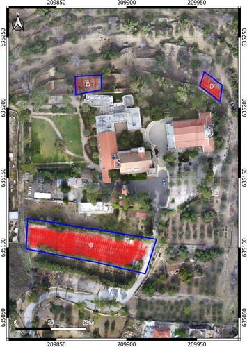 Figure 3. GPR scan traces (red lines) over the three sectors at Kiriath-Yearim (blue polygons).