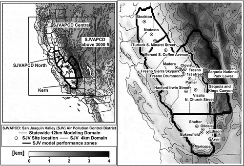 Figure 1. The ozone monitoring stations in the San Joaquin Valley (SJV) region of California. SJVAPCD stands for the San Joaquin Valley Air Pollution Control District. The outer box of the left panel is the California statewide 12-km modeling domain. The gray shaded and black line contours denote the gradients in topography (km), while the thick black lines show the boundaries of the SJV subregions used in model performance analysis (see Supplemental Materials for further details on model performance). Simulations for this study were conducted using the inner modeling domain at 4 km resolution that covers the entire Central Valley of California. The insert on the right shows a zoomed-in view of the site locations that were used for model performance evaluation. Table 1 lists only a subset of these sites (the 10 highest 1-hr and 8-hr O3 DVs for the year 2007).