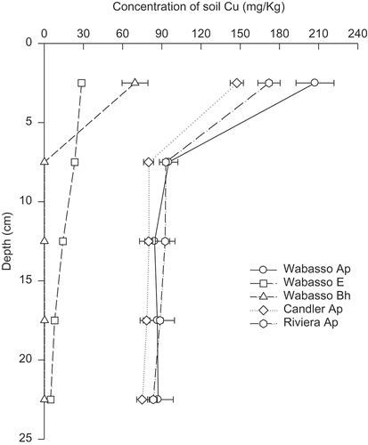 Figure 3. Distribution of soil Cu in soil columns following the addition of 50 kg Cu ha−1 and leaching with eight pore volumes of water. The error bar at each data point represents the standard error of the mean.