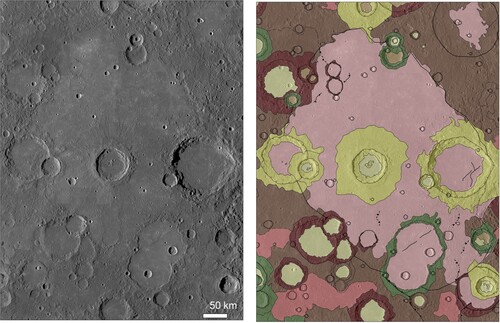 Figure 6. Example area of smooth plains in H06. This type of plain shows a smooth surface and is little affected by cratering. Basemap: 166 m/pixel BDR mosaic in equirectangular projection. Notes: An example of smooth plain as shown in BDR mosaic and corresponding geological map of the same view.