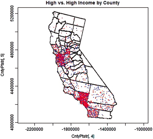 Figure 2. Two independent sets of 1000 high-income earners; one representing cases (red) and the other representing controls (blue) selected from the distributed population weighted by county-level data.