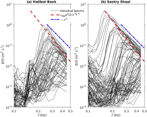 Fig. 2 Wave spectra from (a) Halibut Bank and (b) Sentry Shoal, plotted on a log/log scale. Curves are observations taken every 100 h over the period of data availability. The dashed red line shows the universal high-frequency tail of the Pierson–Moskowitz spectrum, which is commonly used as a standard description of saturated wind-waves. The blue line shows an f−4 dependence with an arbitrary height scaling.