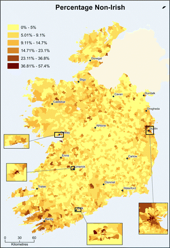 Figure 1.  Per cent of foreign nationals in general population by DED, 2006. Source: CSO Small Area Population Statistics, 2006.