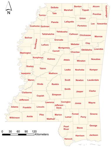 Figure 2 Mississippi state and county boundaries.