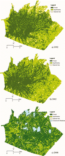 Figure 3. (Color version available online) Land cover classification based on (a) 1993, (b) 2002, and (c) 2008 scenes at the study area.