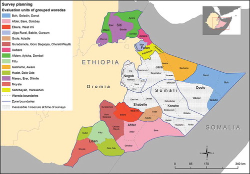 Figure 1. Evaluation units for trachoma surveys, Global Trachoma Mapping Project, Somali Region, Ethiopia, 2013. Woredas and administrative zones are labelled.