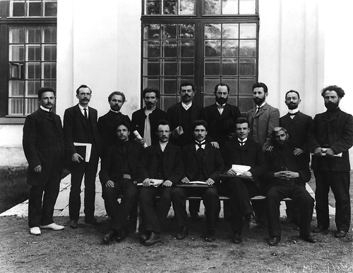 Figure 5. SD deputies of the First Duma, Saint Petersburg, 1906. Left to right, standing: I. G. Gomarteli, I. F. Savel’ev, I. E. Shuvalov, M. I. Mikhailichenko, V. A. Il’in, N. N. Zhordaniia, P. A. Ershov, S. D. Dzhaparidze, S. N. Tsereteli; Seating: Z. I. Vyrovoi, V. N. Churiukov, I. I. Antonov, A. I. Smirnov, I. I. Ramishvili.