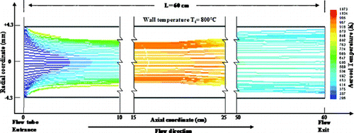 CFD particle tracks and heating prediction for Dp = 100 nm and Ti = 800°C in the entrance (0 to 10 cm), the center (15 to 25 cm) and the cooling section (50 to 60 cm) of the thermo-desorber unit. 82 × 31 mm (300 × 300 DPI).