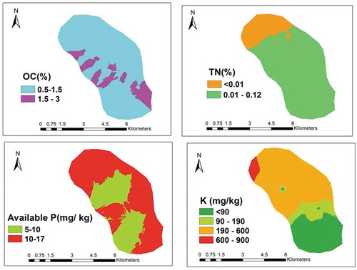 Figure 5. Spatial distribution of OC, TN, Available P and Exchangeable K.