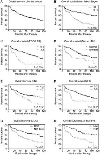 Figure 3 Overall survival analyses of DLBCL patients. The overall survival curves were plotted by Kaplan–Meier method for the entire cohort (A), or based on tumor stage (B), ECOG PS (C), serum LDH level (D), ENI (E), IPI (F), COO (G), EEF1A1 expression level (H), respectively. *Indicates P<0.05 by Log rank test.
