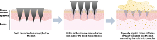 Figure 1. Schematic representation of the ‘poke and patch’ technique by the solid MAP. solid MAPs are commonly used to penetrate the skin before topical application of desired drug or vaccine, allowing them to diffuse through the holes created by the microneedles. Created with BioRender.com.