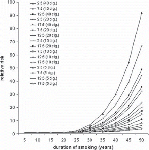 Figure 3. Relative risk of lung cancer for male ex-smokers in relation to duration, daily number of smoked cigarettes and time since stopping (2.5–17.5 years)-model-based values on European study [Citation19].