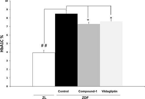 Figure 5 HbA1c values measured in control, compound 1 and vildagliptin-treated animals. Values are the means ± S.E.M. of 7 animals/group. Values not sharing a common superscript letter are significantly different by two-way ANOVA/Tukey (*P < 0.05 compound 1-Zücker diabetic fatty [Compound 1-ZDF] versus Control vehicle Zücker diabetic fatty [C-ZDF] rats, *P < 0.05 Vildagliptin-Zücker diabetic fatty [V-ZDF] versus C-ZDF rats; ##P < 0.01 C-ZDF versus Zücker lean [ZL] rats.