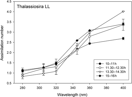 Fig. 1. Example of wavelength dependent carbon assimilation in T. weissflogii low light (LL) cultures during four outdoor exposures on January 20th. X-axis: Schott filter number indicating the 50% transmission wavelength; Y-axis: carbon assimilation.