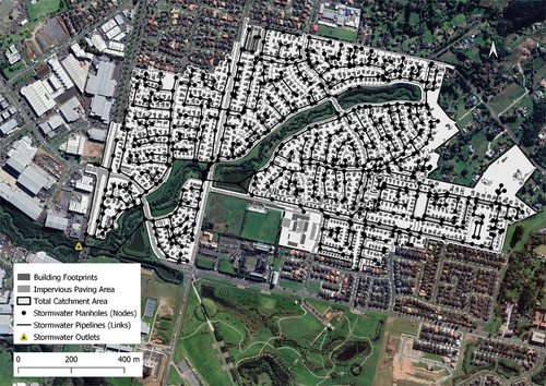 Figure 7. Layout of stormwater network systems and contributing catchment area for Scenario 2.