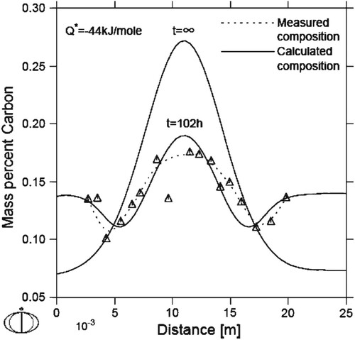 Figure 6. Simulated C concentration profiles for 102 and 13,889 hours [Citation87] with experimental data from ref [Citation111] after 102 hours superimposed.